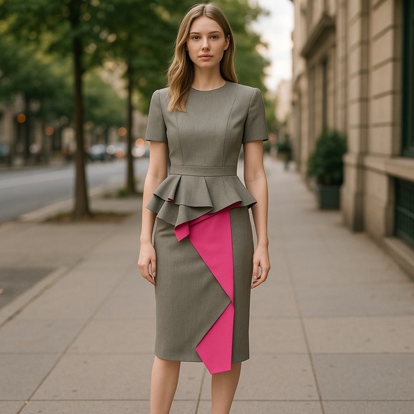 ALEXANDER MCQUEEN Gray Pink Herringbone Wool Silk Peplum Dress Sz 6 NWT SS20 - Picture 2 of 15